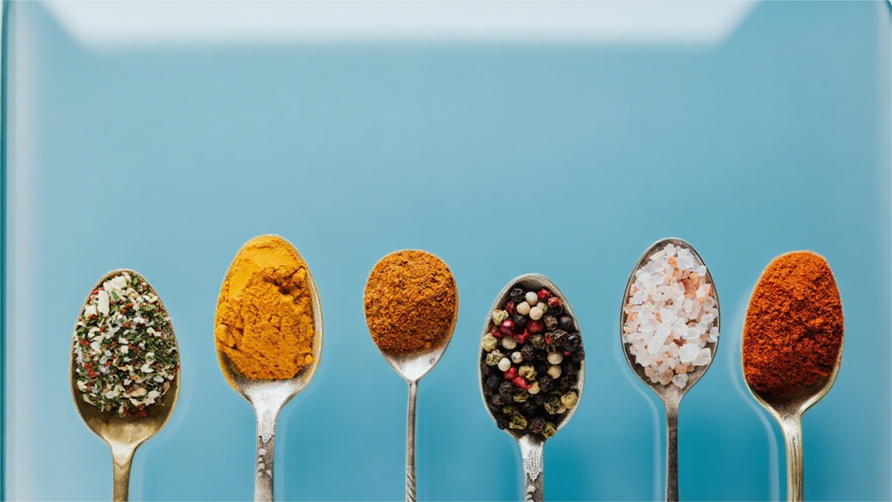 ستة ملاعق قديمة مرتبة على التوالي ، كل منها يحمل توابل وتوابل مختلفة على خلفية رخامية بيضاء