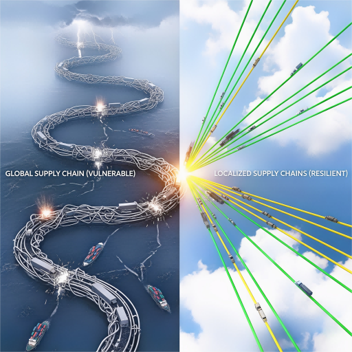 رسم بياني على الشاشة يقارن سلسلة التوريد العالمية الطويلة المتعرجية والضعيفة مع سلاسل التوريد القصيرة والقوية والمترجمة. الضعف للقوة