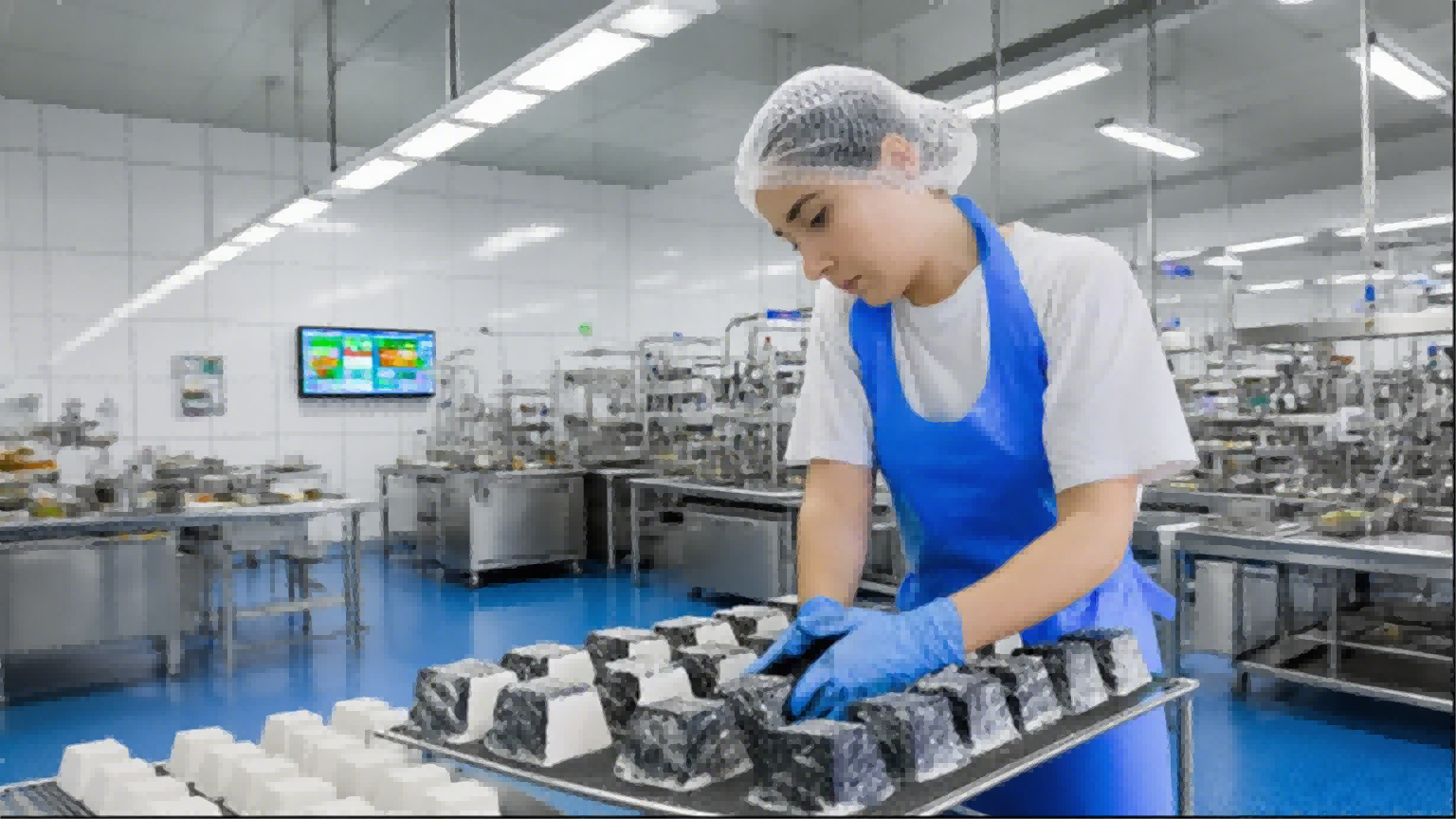 一名戴着发网和手套的粮食生产工人可以在干净的工厂的托盘上与一块奶酪一起工作。