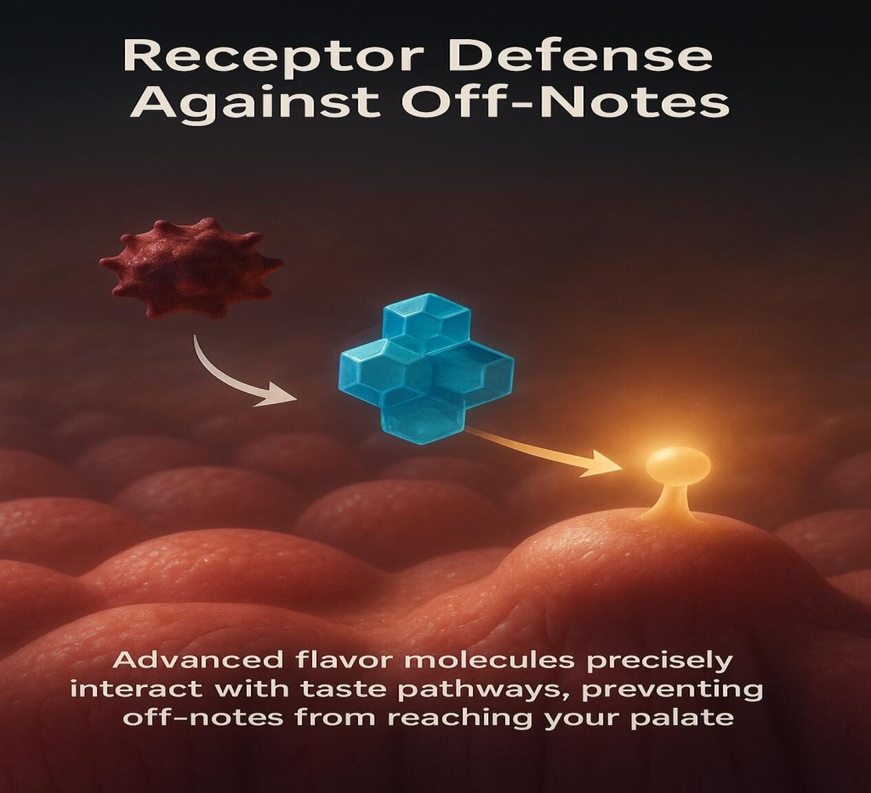 3D -стилизованная диаграмма рецептора вкусовой почвы, где красная нежелательная молекула блокируется синей маскирующей молекулой, что приводит к светящемуся золотому приятному вкусовому сигналу.