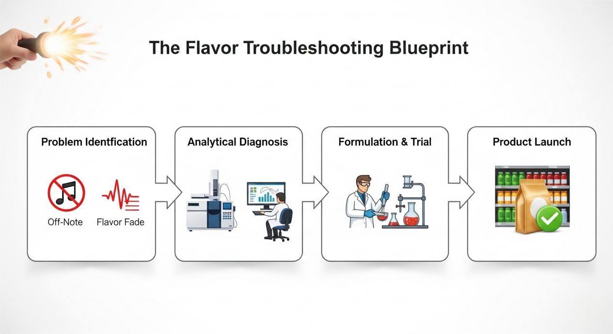 Un diagrama de proceso paso a paso titulado "El plan de solución de problemas de sabor". El primer cuadro es la "identificación de problemas", seguida de una flecha que conduce a un "diagnóstico analítico". Otra flecha conduce a "Formulación y prueba", y una flecha final conduce al "lanzamiento del producto", que muestra un producto en un estante de comestibles con una marca de verificación.