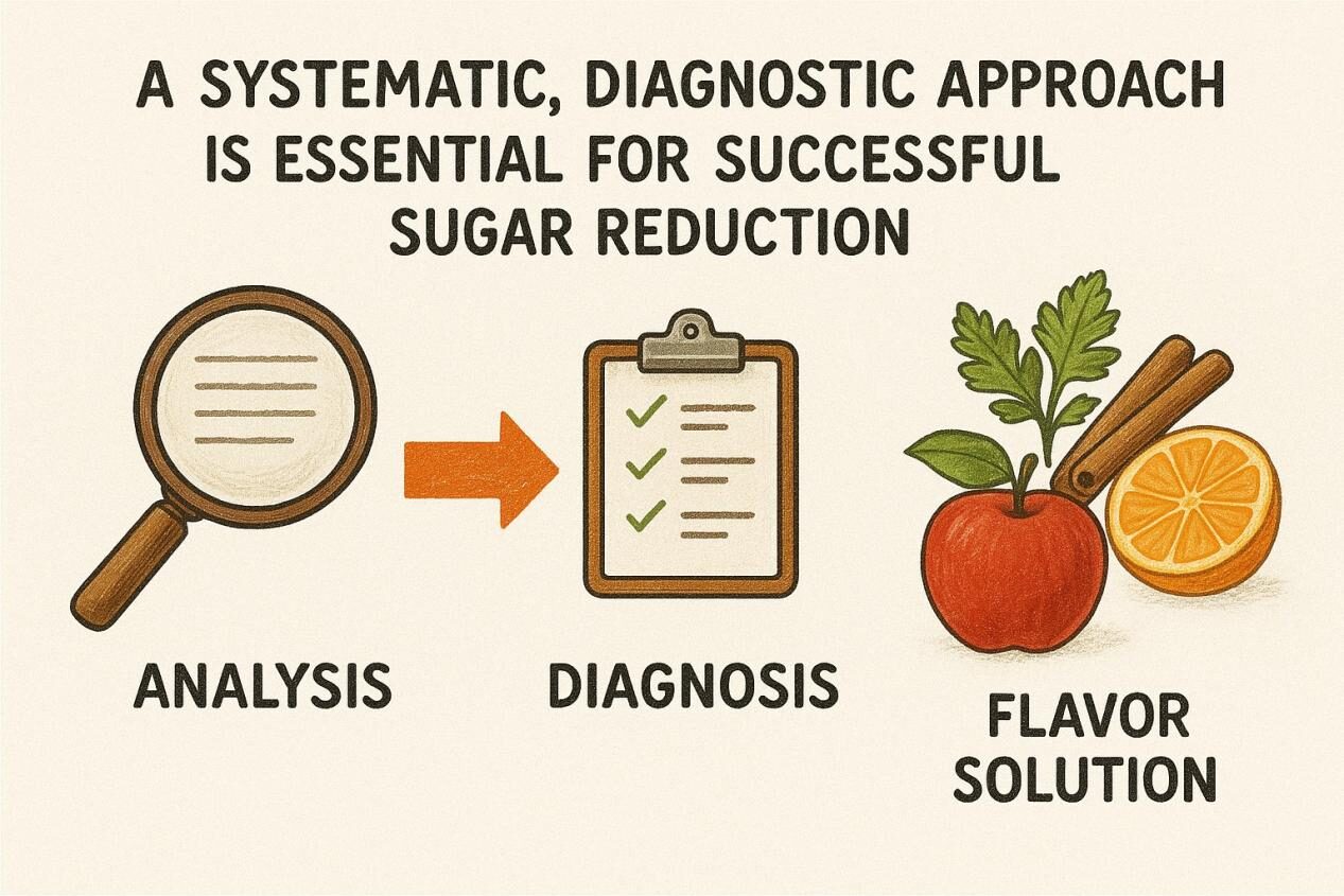 Systematic diagnostic approach to sugar reduction, moving from in-depth analysis to tailored flavor solutions
