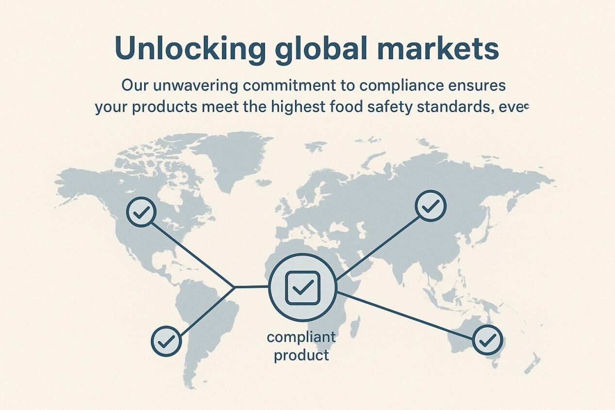خريطة العالم الحد الأدنى خريطة الرسم البياني مع المناطق المميزة التي تتميز بعلامات الفحص ، متصلة برمز منتج مركزي متوافق. يقرأ التسمية التوضيحية: "فتح الأسواق العالمية: يضمن التزامنا الثابت بالامتثال أن منتجاتك تفي بأعلى معايير سلامة الأغذية ، في كل مكان."