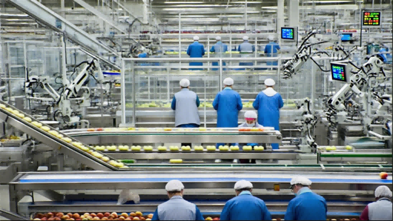 一群大型食品加工厂中的工厂工人负责监督一系列输送带上苹果的自动分类和包装。