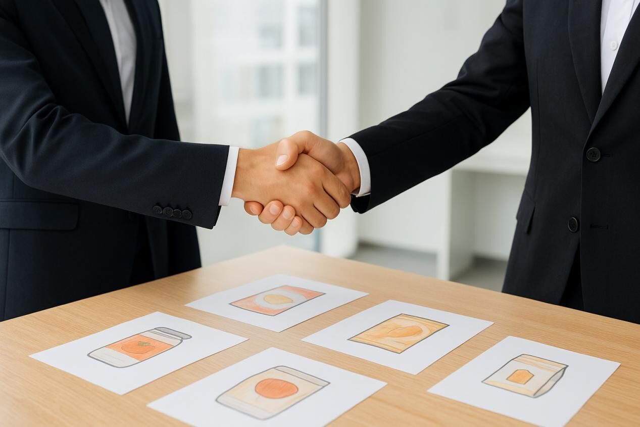 الصورة المهنية لرجلين من رجال الأعمال يصافحان على طاولة مع رسومات المنتجات الغذائية ، وترمز إلى الثقة ، والتعاون ، وشراكات موثوقة لمورد النكهة في بيئة حديثة.