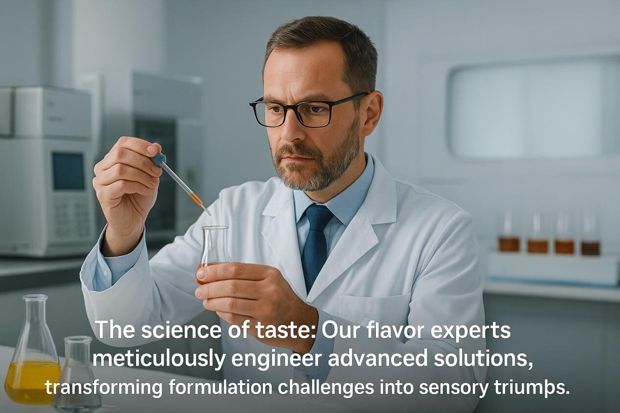 Ученый для пищевых продуктов в современной лаборатории осторожно использует пипетку для добавления жидкости в стакан, с аналитическими инструментами и стеклянной посудой на заднем плане, символизируя точность и опыт в составе вкуса.