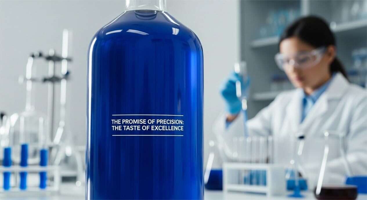 Una fotografía de primer plano de alta calidad de una sola botella perfectamente mixta de un producto. La botella está bellamente iluminada sin separación en el líquido. Una imagen sutil y fuera de enfoque de un científico en un banco de laboratorio está en el fondo.