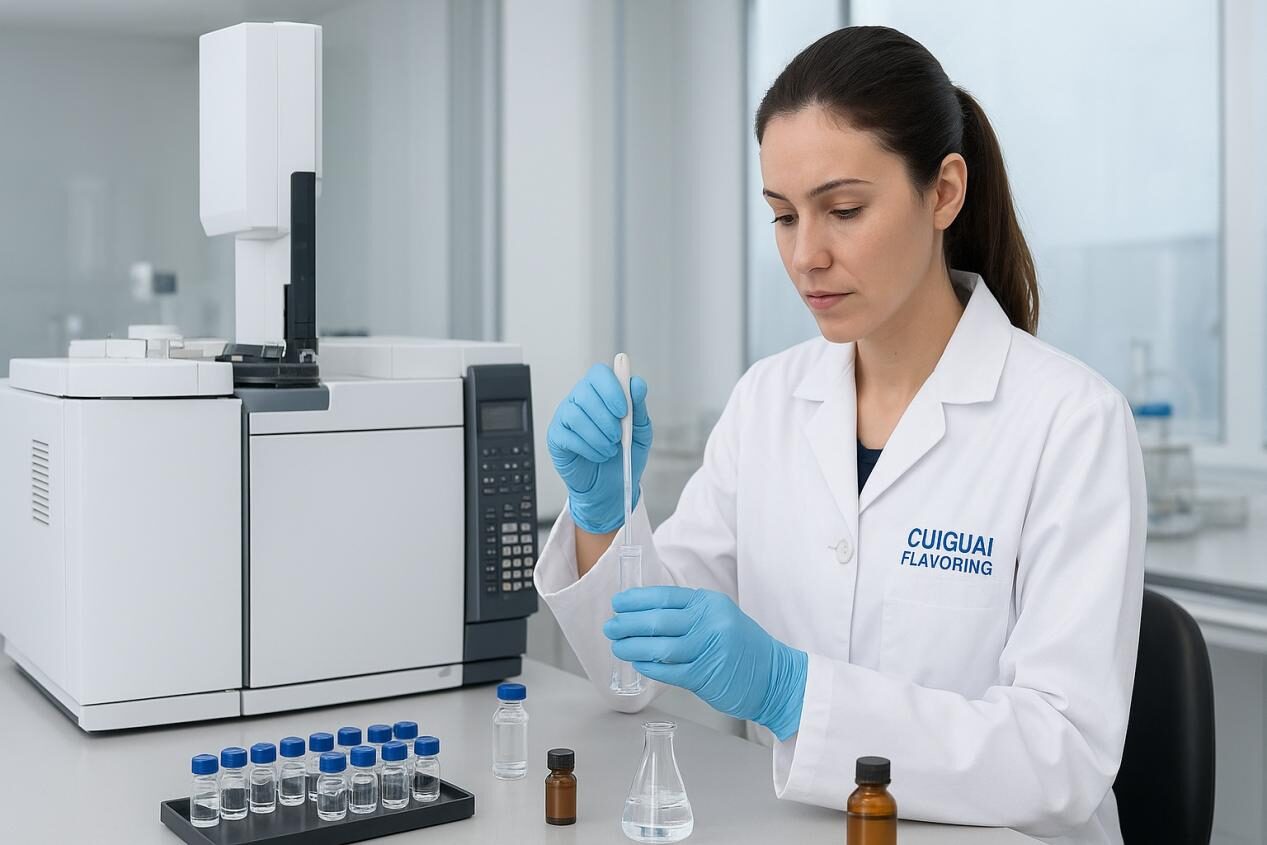Una foto profesional del laboratorio de investigación y desarrollo de Cuiguai Flavoring que muestra a un saborista en una bata de laboratorio blanco que trabaja con equipos analíticos y muestras de sabor, que simboliza el rigor científico y la innovación.