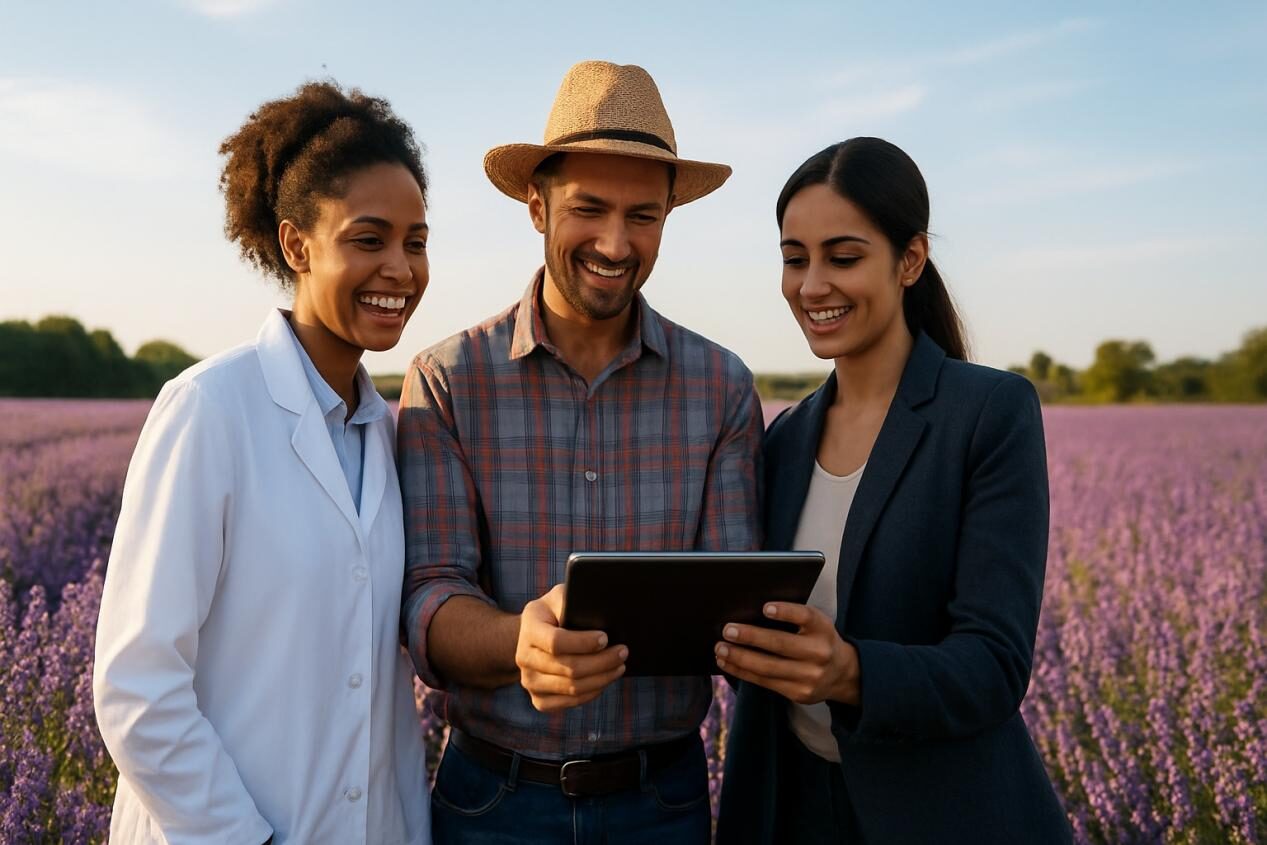 Foto de tres personas con sabores de comida y bebidas de campo de lavanda+sabor a Cuiguai