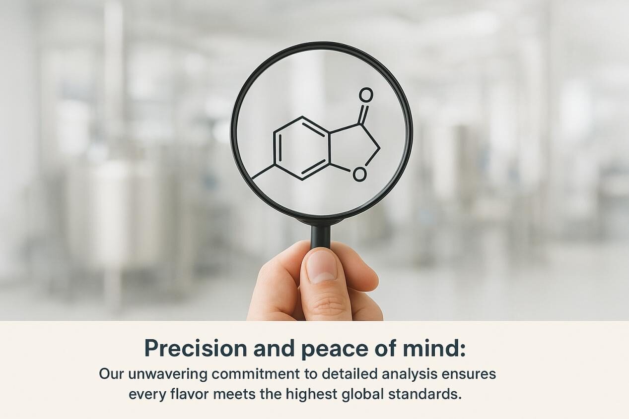 صورة الحد الأدنى ليد تحمل كوبًا مكبرة على بنية جزيئية مفصلة ، ترمز إلى الدقة العلمية وفحوصات السلامة. تظهر الخلفية غير الواضحة منشأة تصنيع الأغذية الحديثة. يقول التسمية التوضيحية: "الدقة وراحة البال: إن التزامنا الثابت بالتحليل التفصيلي يضمن أن كل نكهة تلبي أعلى المعايير العالمية."