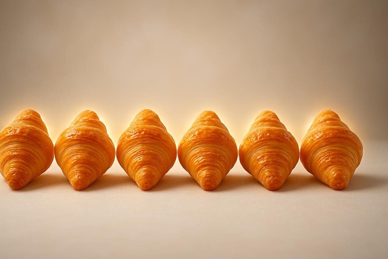 صف من المعجنات المتطابقة مع هالة متوهجة خفية ، يرمز إلى جودة المنتج المتسقة ، ورضا المستهلك ، وولاء العلامة التجارية الدائمة.