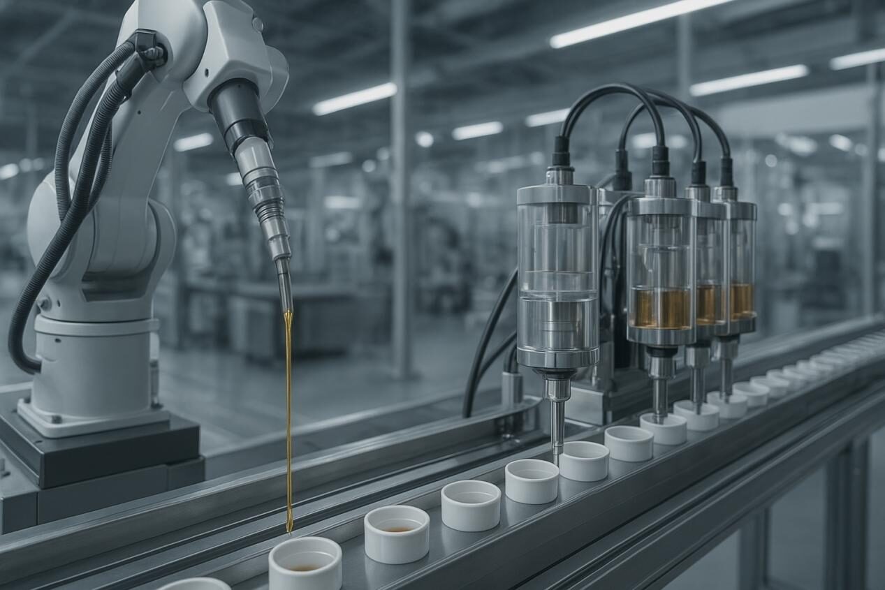 Una sola gota de líquido perfectamente formada se suspende en el aire contra un fondo de enfoque suave de agua que fluye y hojas verdes. The image is a realistic photo that symbolizes preciousness, purity, and sustainable use, conveying value and environmental consciousness.