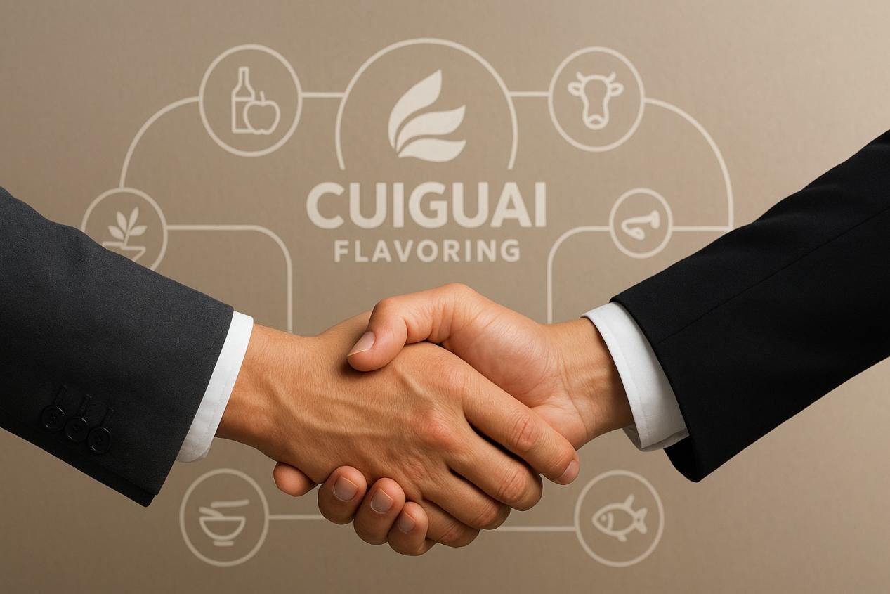 Una imagen realista que simboliza la preparación y colaboración futura, que muestra un apretón de manos con el logotipo de saborizante de Cuiguai en el fondo, que representa la estabilidad, la asociación y una fuerte cadena de suministro de alimentos globales.