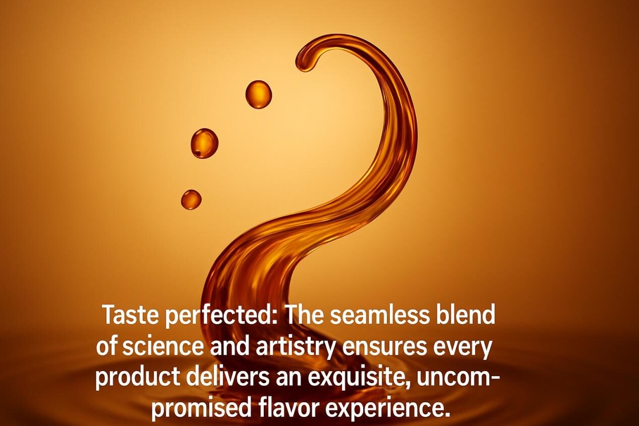 Трехмерный крупный план янтарной жидкости, образующего элегантные вихри и капли, освещенный теплым внутренним свечением, чтобы символизировать чистоту и неадкутированный вкус.