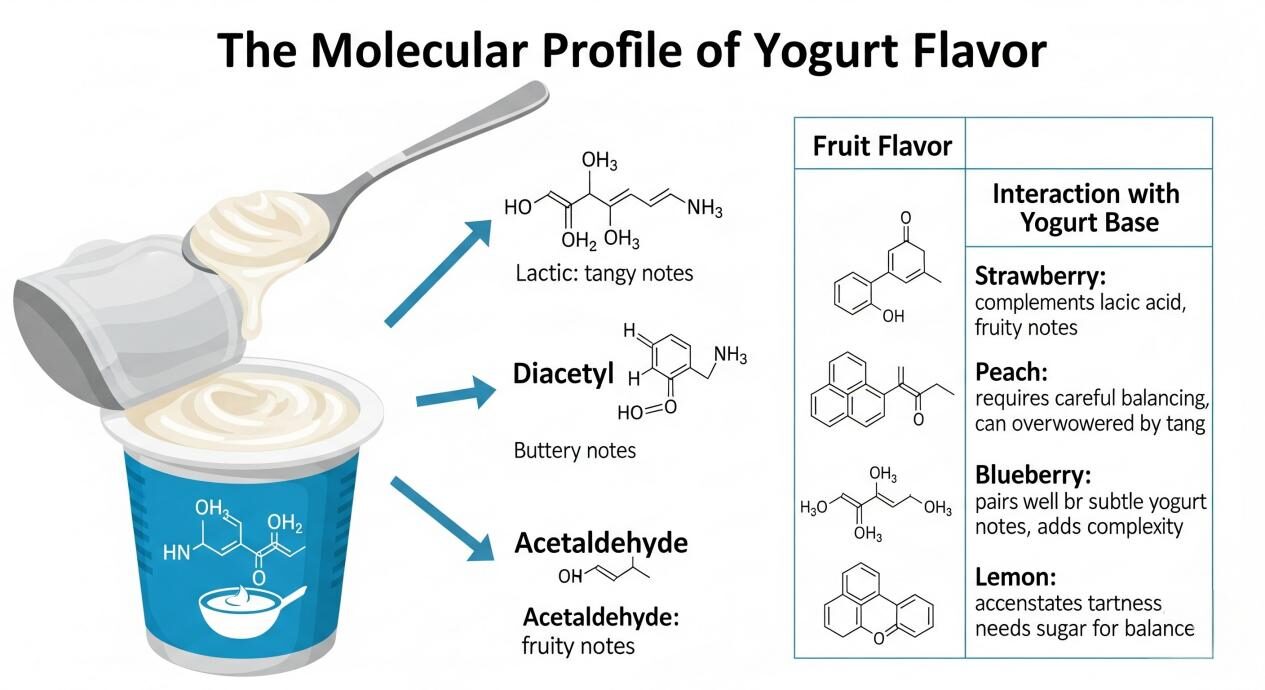 مخطط علمي بعنوان "المظهر الجزيئي لنكهة الزبادي". يظهر حاوية الزبادي على اليسار ، مع السهام تشير إلى الهياكل الكيميائية من حمض اللبنيك ، ديسيتيل ، وأسيتالديهايد. على اليمين يوجد طاولة توضح كيف تتفاعل نكهات الفاكهة مثل الفراولة والخوخ والغرب والليمون مع قاعدة اللبن.