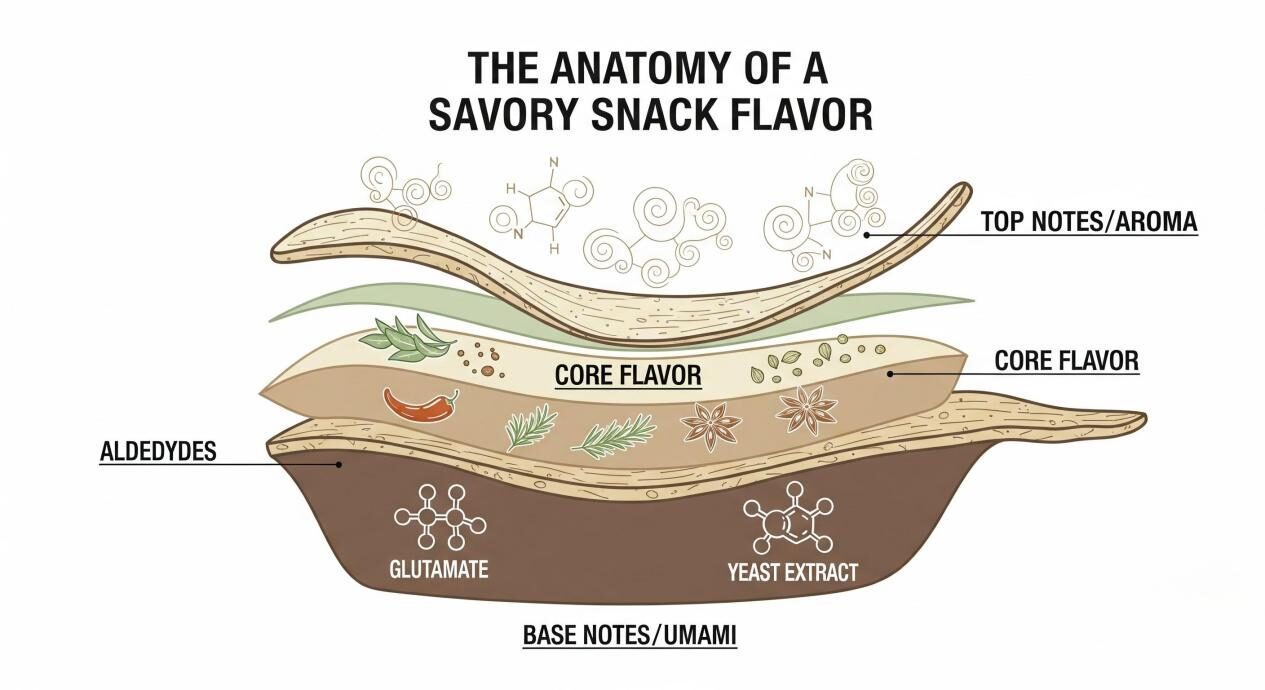 Un diagramme technique illustre l'anatomie d'une saveur de collation salée. Une coupe transversale d'une puce est représentée avec trois couches. La couche inférieure est étiquetée "Notes de base / umami" avec des icônes de glutamate et de molécules d'extrait de levure. La couche intermédiaire est une "saveur de base" avec des icônes pour les épices et les herbes. La couche supérieure est "Notes de haut / arôme" avec des icônes pour les composés volatils comme les aldéhydes. Le visuel montre les éléments constitutifs d'un profil de saveur complexe.