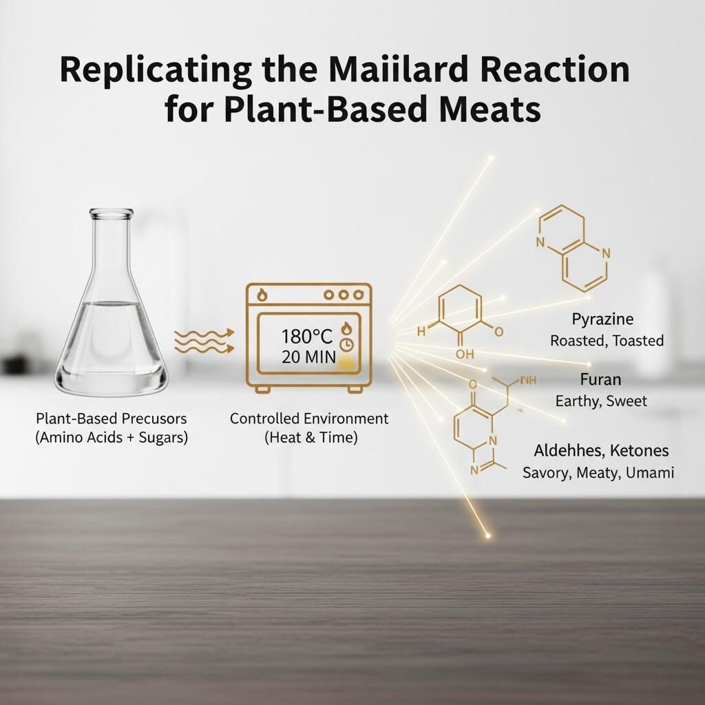 Un diagramme technique intitulé «Repliquer la réaction de Maillard pour les viandes à base de plantes». À l'extrême gauche, un ballon en verre transparent contient un liquide et est étiqueté «précurseurs à base de plantes (acides aminés + sucres)». Les lignes ondulées s'étendent du ballon à une icône du four doré stylisé étiqueté "Environnement contrôlé (chaleur et temps)" avec des paramètres "180 ° C" et "20 min". Du four, les faisceaux lumineux s'étendent à droite, illuminant trois structures chimiques dorées. La structure supérieure est la pyrazine, étiquetée «rôtie, grillée». La structure moyenne est furan, étiquetée "terreux, douce". La structure inférieure représente les aldéhydes et les cétones, étiquetés "savoureux, charnus, umami". L'arrière-plan est une surface en bois propre et sombre.