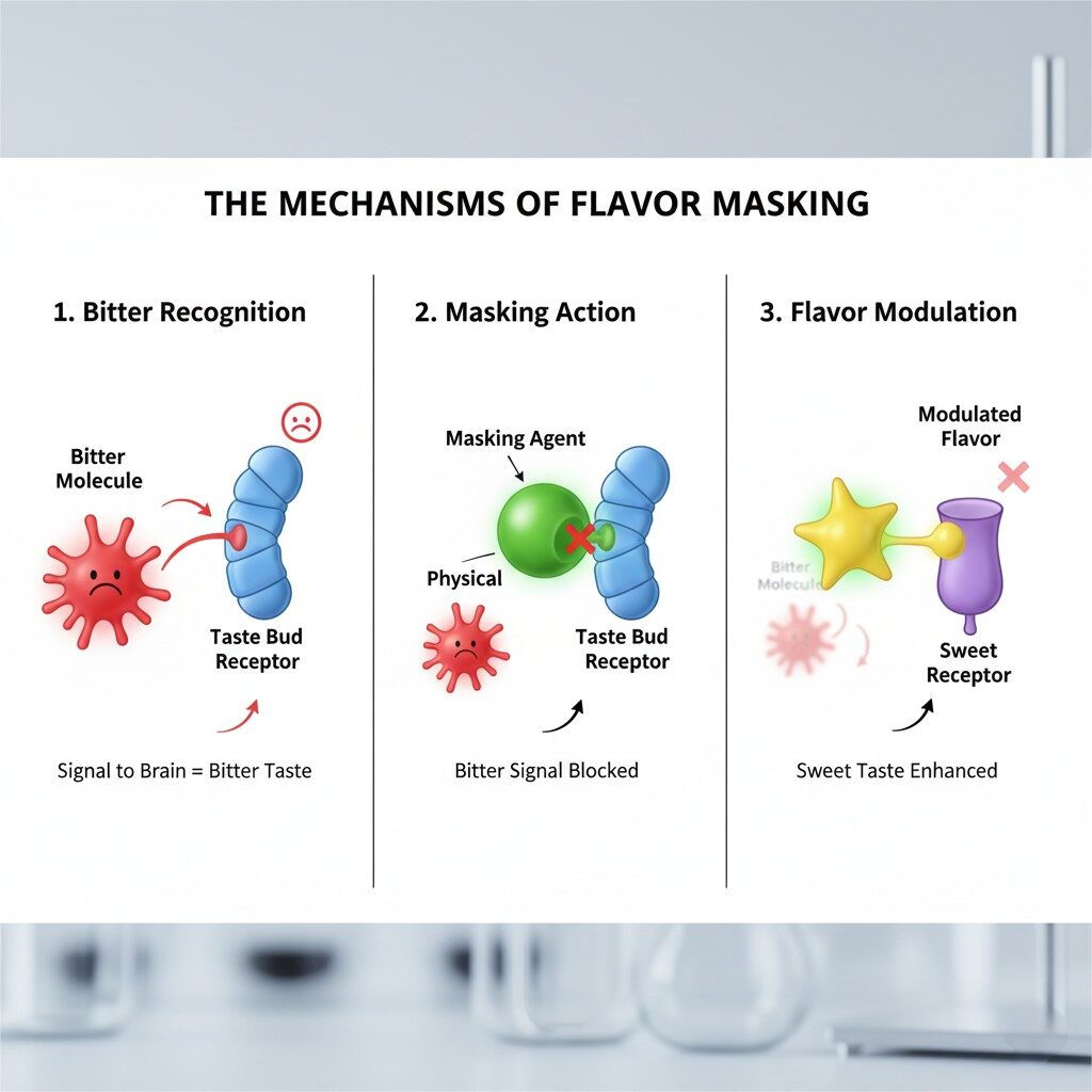 Трехпанельная техническая схема под названием «Механизмы маскировки вкуса». Панель 1, «Горькое распознавание», показывает красную, колючее горькую молекулу, взаимодействующую с синим рецептором вкусовой рецепции, что приводит к сигналу «горького вкуса» в мозг. Панель 2, «маскирующее действие», показывает зеленую, сферическую «маскирующую» молекулу, физически блокирующую горькую молекулу, от прикрепления к рецептору вкусовой почвы, помеченной «горький сигнал заблокирован». Панель 3, «Модуляция вкуса», показывает молекулу «модулированный аромат» в форме звезды, усиливающую фиолетовый «сладкий рецептор», в то время как горькая молекула показана как менее эффективная и пересекающая, что указывает на «усиление сладкого вкуса». Фон представляет собой размытое изображение лабораторной стеклянной посуды.