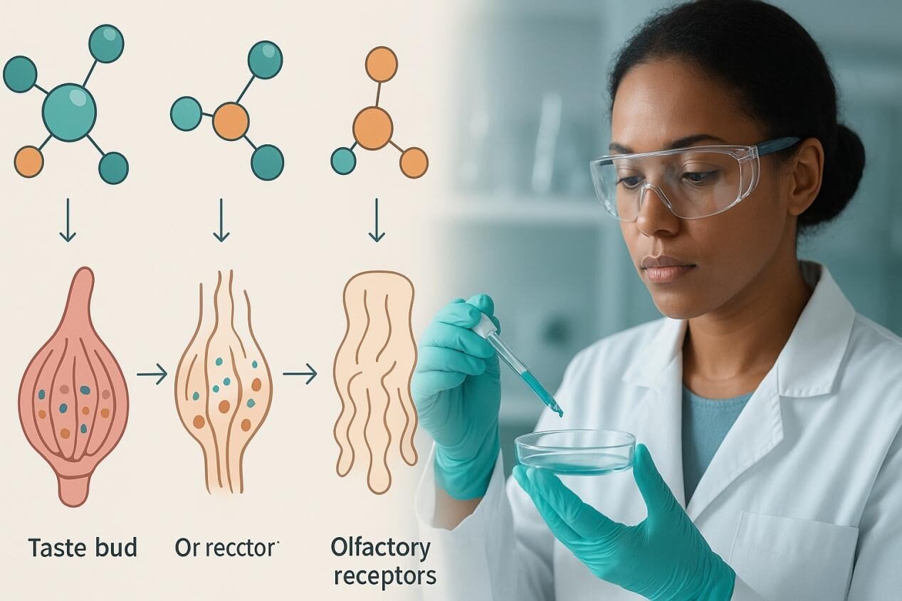 إن الرسم البياني الواقعي الذي يظهر مسارات إدراك النكهة ، مع جزيئات منمقة تتفاعل مع براعم الذوق ومستقبلات الشمية ، إلى جانب عالم في مختبر يحلل مركبات النكهة.