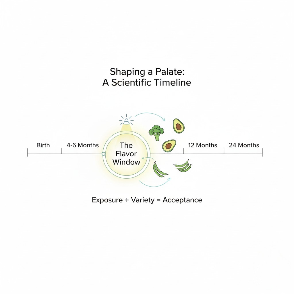 Un diagrama simple y elegante titulado "Dar forma a un paladar: una línea de tiempo científica". La línea de tiempo abarca desde el nacimiento hasta los 24 meses. En la marca de 4-6 meses, aparece una ventana resaltada etiquetada "La ventana de sabor". Se muestran iconos para varios alimentos como judías verdes, aguacate y brócoli entrando en esta ventana, enfatizando la importancia de la exposición y la variedad durante este período crítico para desarrollar el paladar de un bebé.