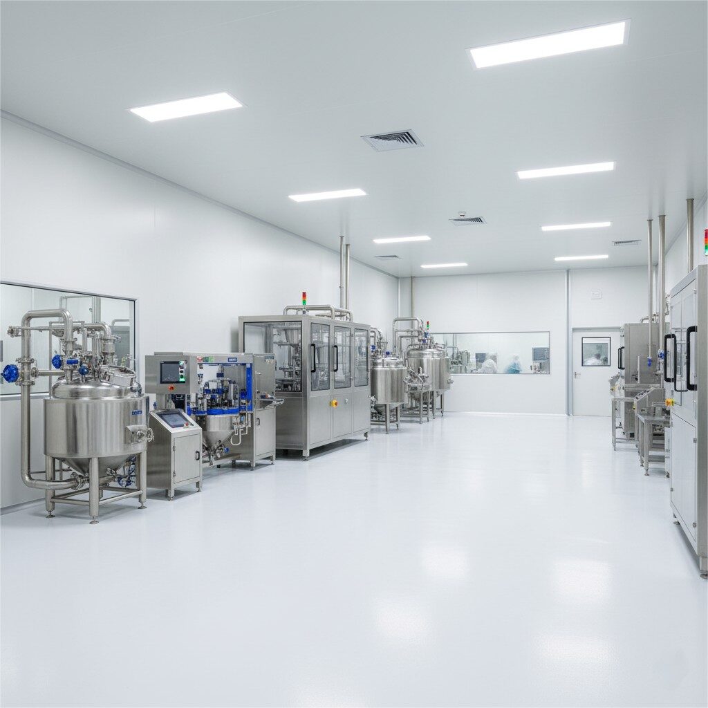 现代,原始风味制造工厂的生产地板的广泛,专业的镜头。环境无可挑剔,具有光滑,白色,密封的墙壁和地板,反映了对良好制造实践(GMP)的承诺。可见高级,不锈钢机械和混合箱,在明亮甚至照明下闪闪发光。镜头中没有人,强调环境的自动和控制性质。该空间传达了一种不育,效率和高科技生产的感觉。