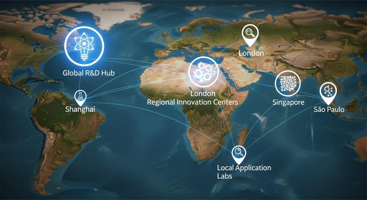 Une infographie d'une carte du monde avec les grandes villes mondiales marquées par des icônes éclatantes. Une grande icône brillante à New York représente un «hub mondial de R&D». Les icônes de taille moyenne à Londres et à Singapour sont des «centres d'innovation régionaux». Les petites icônes à Shanghai et São Paulo sont des «laboratoires d'applications locaux». Les flèches relient les icônes, illustrant un réseau de collaboration. Le titre est "une empreinte mondiale, une touche locale".