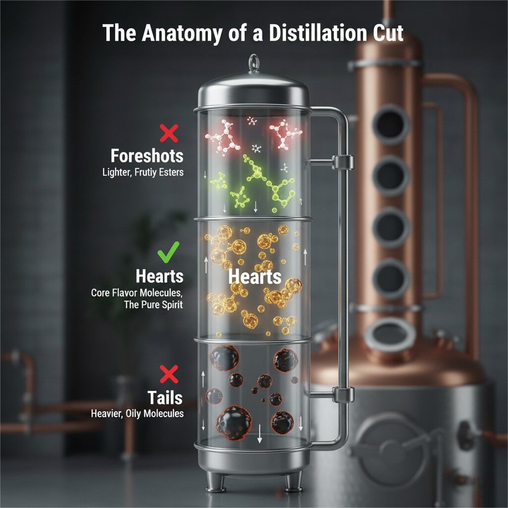 蒸馏柱的干净，技术图，标题为“蒸馏切割的解剖学”。从上到下，各部分都被标记为：带有红色X和丙酮分子的“预测”；带有较轻的果味酯分子的“头”；带有大型绿色复选标记和核心风味分子的“心”；和底部的“尾巴”，红色X和更重的油性分子。
