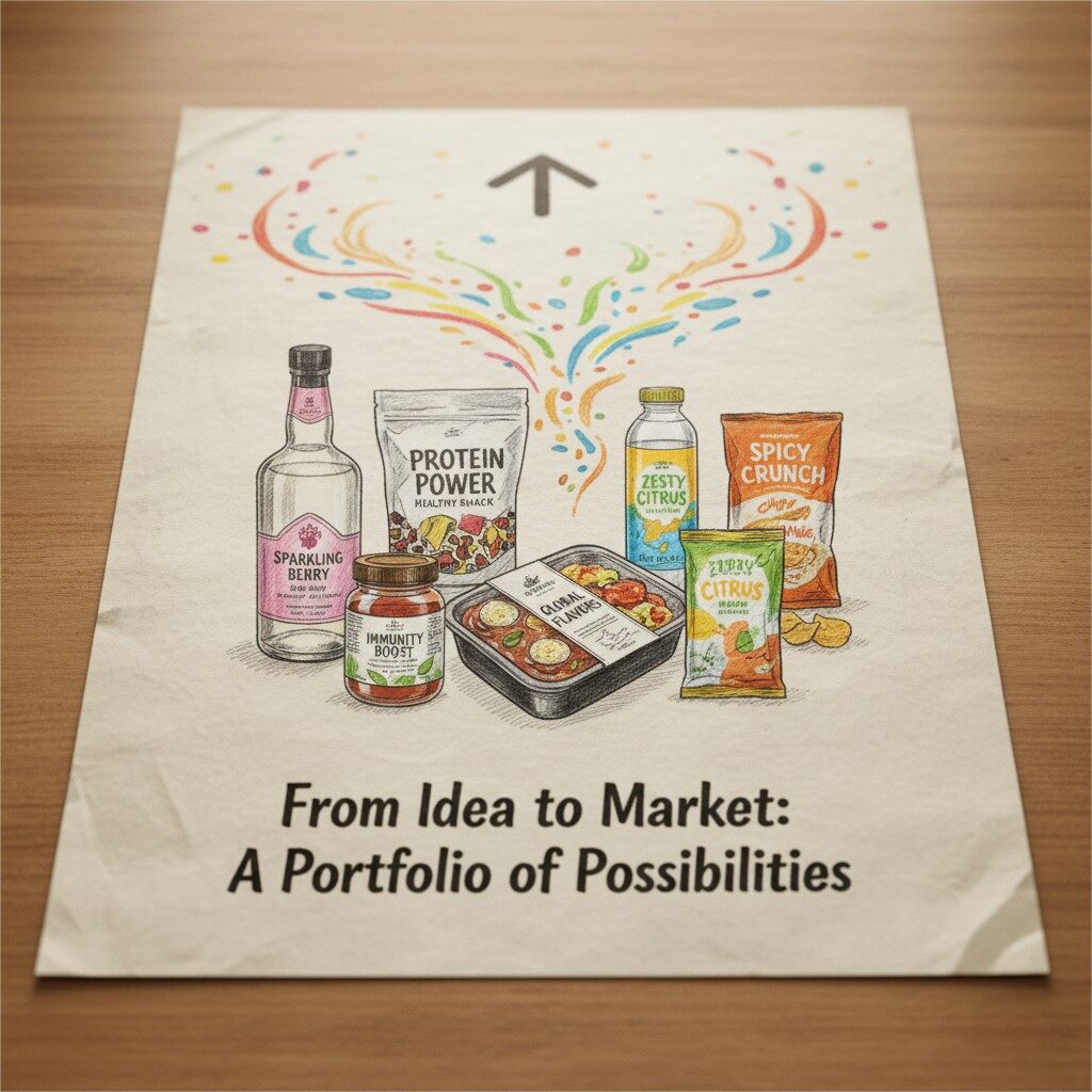 Un visuel intitulé "De Idea to Market: A Portfolio of Possibilités". L'image affiche une collection diversifiée de produits alimentaires et de boissons, y compris une bouteille de spiritueux artisanal (baie étincelante), une poche de collations saines (puissance protéique), un pot de suppléments (Immunity Boost), un récipient de repas de prêt (saveurs mondiales), une bouteille de boisson (Citrus Zesty) et deux sacs de puces (Crunch Spicy Citrus). À partir de ces produits, des lignes colorées et tourbillonnantes représentant des particules de saveur coulent vers le haut et convergent, illustrant l'application large de l'expertise en saveur sur divers marchés. Le visuel a un effet de papier réaliste et texturé sur une surface en bois.