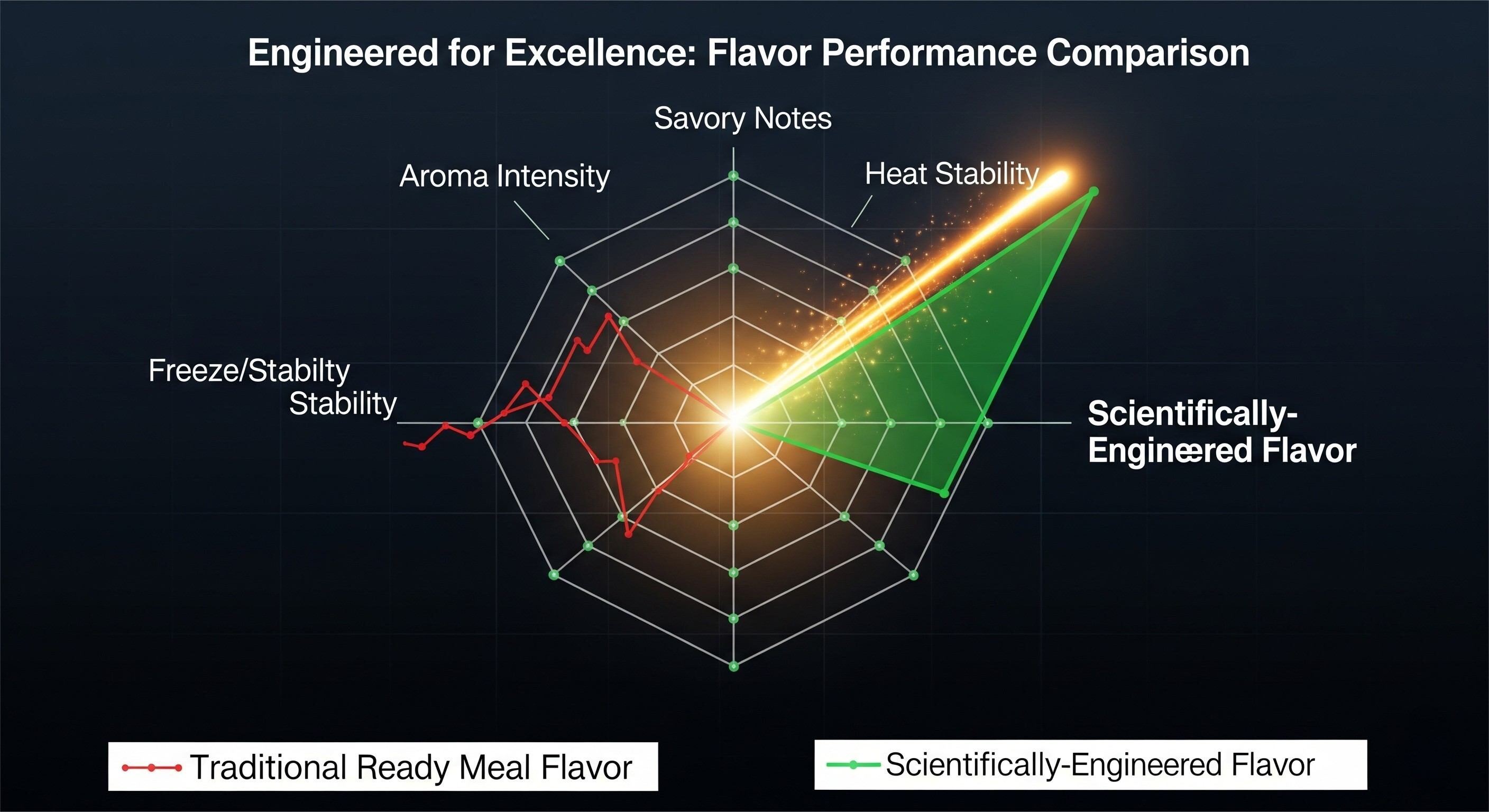 Реалистичная радиолокационная диаграмма под названием «Инженерная для совершенства: сравнение производительности вкуса». Небольшая красная форма представляет собой традиционный вкус готовой еды с низкими показателями по всем осям. Большая, надежная зеленая форма представляет собой научно-инженерный вкус с высокими показателями по всем осям, демонстрируя превосходную производительность в соленых нотах, интенсивности аромата, устойчивости тепла, стабильности замораживания/оттепель и долговечности с сроком годности.