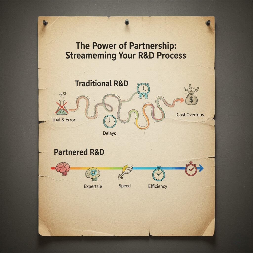 Un diagrama de flujo titulado "El poder de la asociación: racionalización de su proceso de I + D". El gráfico compara dos procesos de I + D distintos. La ruta de "I + D tradicional" se representa como una línea larga, sinuosa y caótica con íconos que representan desafíos: un vaso de precipitados con una 'X' y signos de interrogación para "prueba y error", un reloj para "retrasos" y una bolsa de dinero con una flecha que apunta a "excesos de costos". Debajo de esto, la ruta "I + D asociada" se muestra como una línea simplificada, limpia y directa con íconos que representan ventajas: un cerebro para "experiencia", un cronómetro alado para "velocidad" y un reloj con una flecha objetivo para "eficiencia". La infografía tiene una apariencia de papel realista y texturizada, fijada en un fondo oscuro.