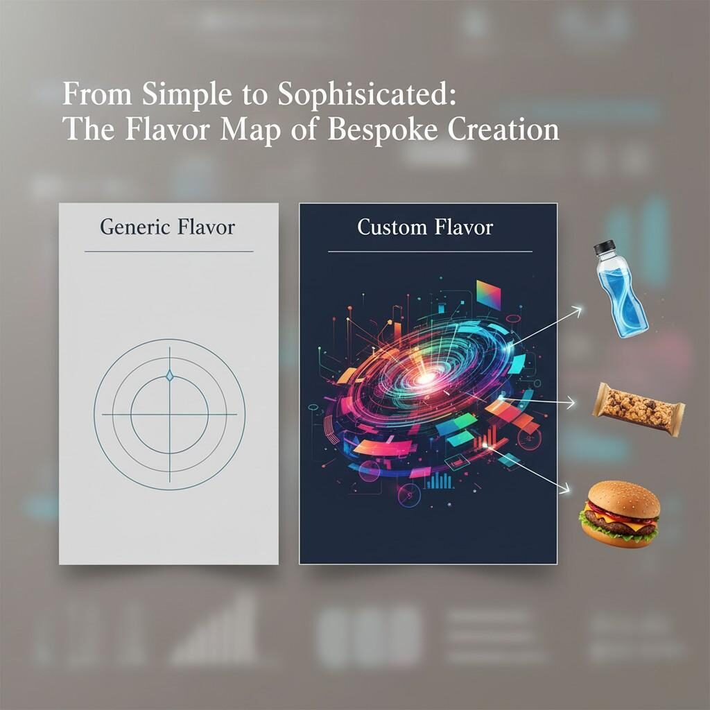 Инфографика под названием «От простой до утонченной: карта аромата создания на заказ». Слева, коробка с надписью «Общий аромат» отображает ограниченную двухмерную карту аромата. Справа в коробке с надписью «Пользовательский аромат» отображается сложная, многослойная и яркая карта аромата. Стрелки простираются от пользовательской карты аромата до различных икон продуктов, включая спортивный напиток, закусочный батончик и бургер на растительной основе, иллюстрируя универсальность индивидуальных ароматов. Общий визуальный вид убедительный, современный и имеет реалистичный эффект стрельбы.