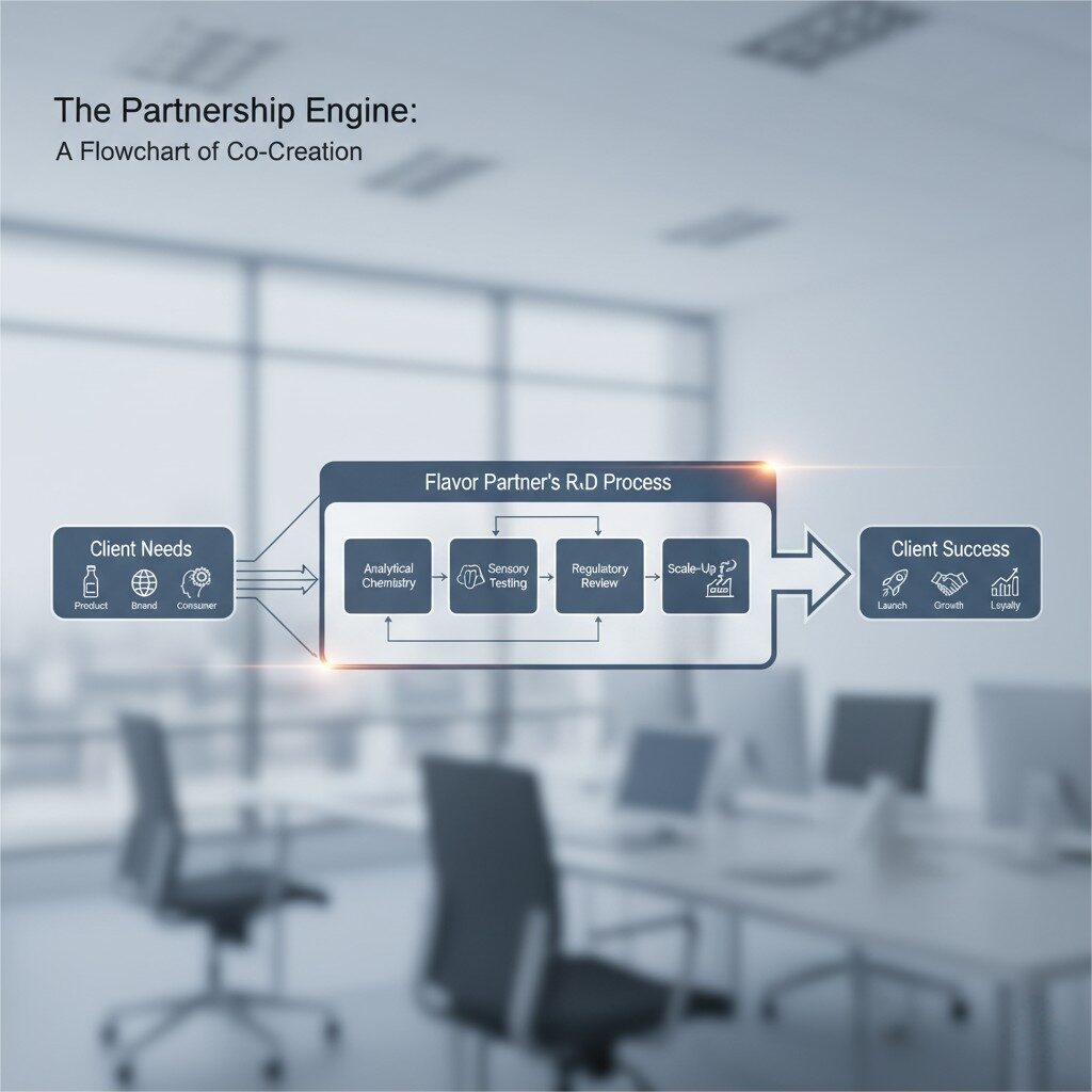 Un complejo diagrama de flujo profesional titulado "El motor de la asociación: un diagrama de flujo de co-creación". La tabla comienza con una caja etiquetada como "Necesidades del cliente" etiquetadas, acompañadas de íconos que representan productos, marca y consumidor. Las flechas luego se ramifican en una caja central y grande titulada "Proceso de I + D de Partner Flavor". Dentro de este cuadro, iconos más pequeños y subprocesos de detalles de texto: "Química analítica", "Pruebas sensoriales", "Revisión regulatoria" y "Escala". Las flechas luego conducen a un cuadro final etiquetado como "éxito del cliente", con íconos para "lanzamiento", "crecimiento" y "lealtad".