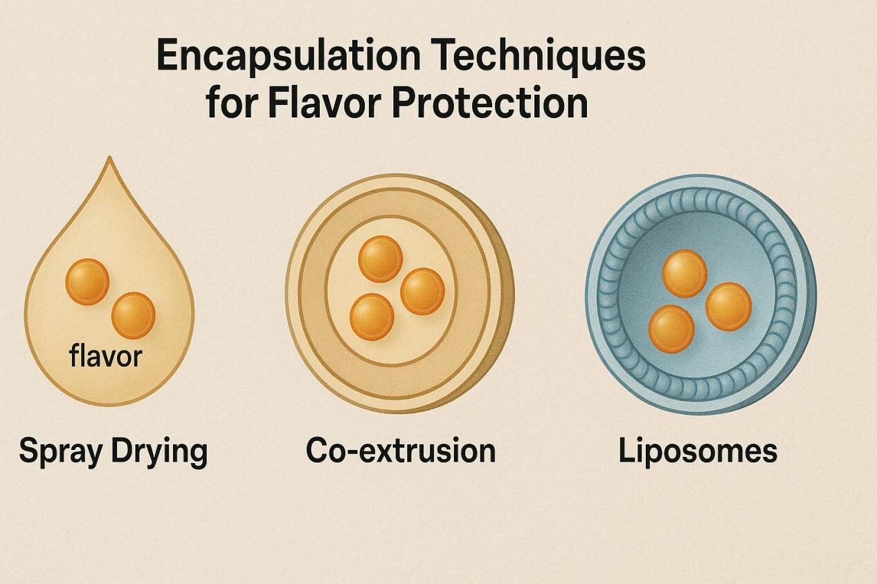 Diagrama que muestra métodos de encapsulación como secado por pulverización, coextrusión y liposomas, con sabores protegidos dentro de diferentes conchas o matrices.