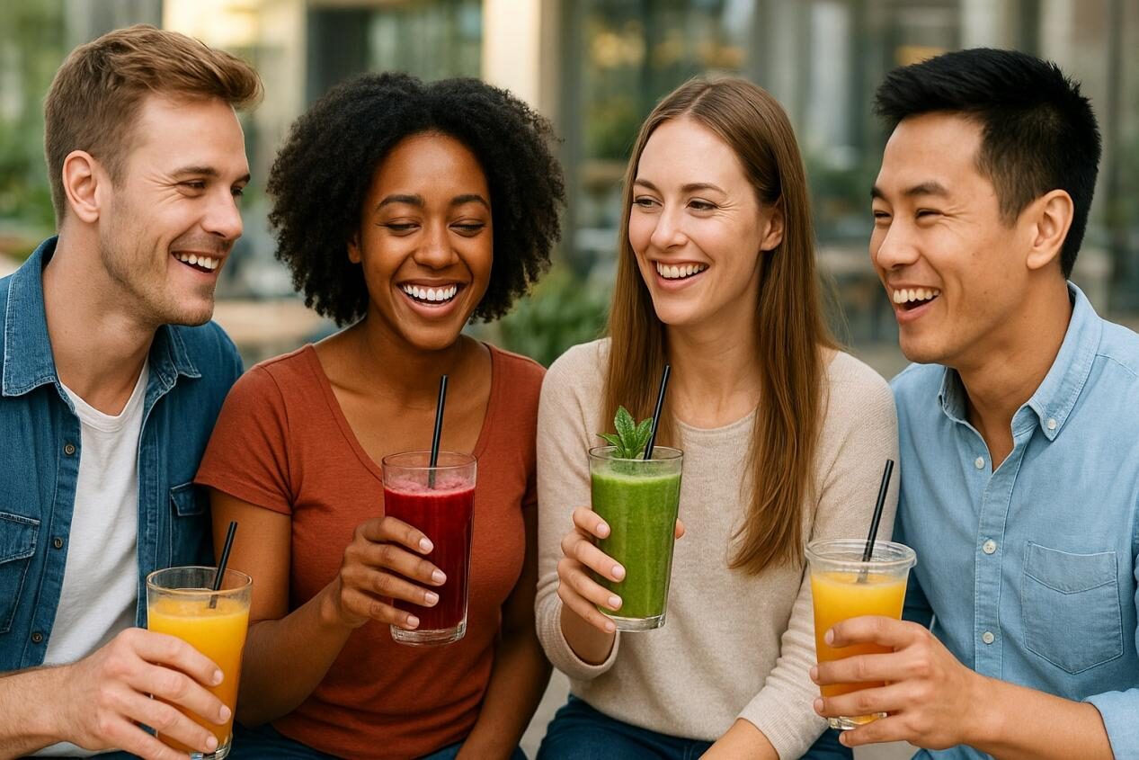 مجموعة متنوعة من الأشخاص في مكان غير رسمي حديث ، يبتسمون ويستمتعون بمشروبات ملونة ، يرمز إلى الرضا والمرطبات.