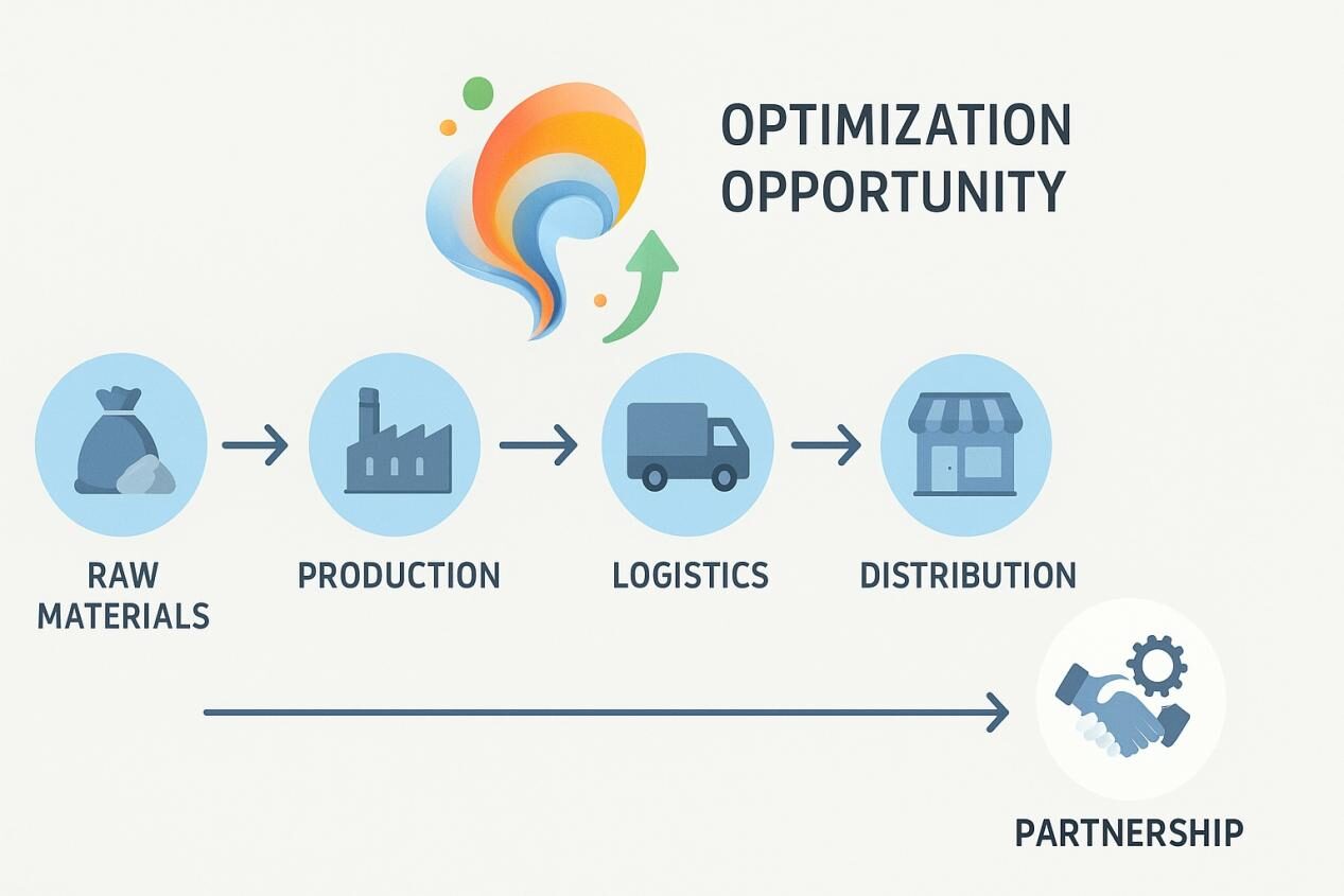 : رسم تخطيطي يعرض سلسلة التوريد من المواد الخام إلى التوزيع ، مع الأسهم ، وأبرز متوهجة لفرص التحسين ، ومصافحة مع التروس التي ترمز إلى الشراكة والتعاون.