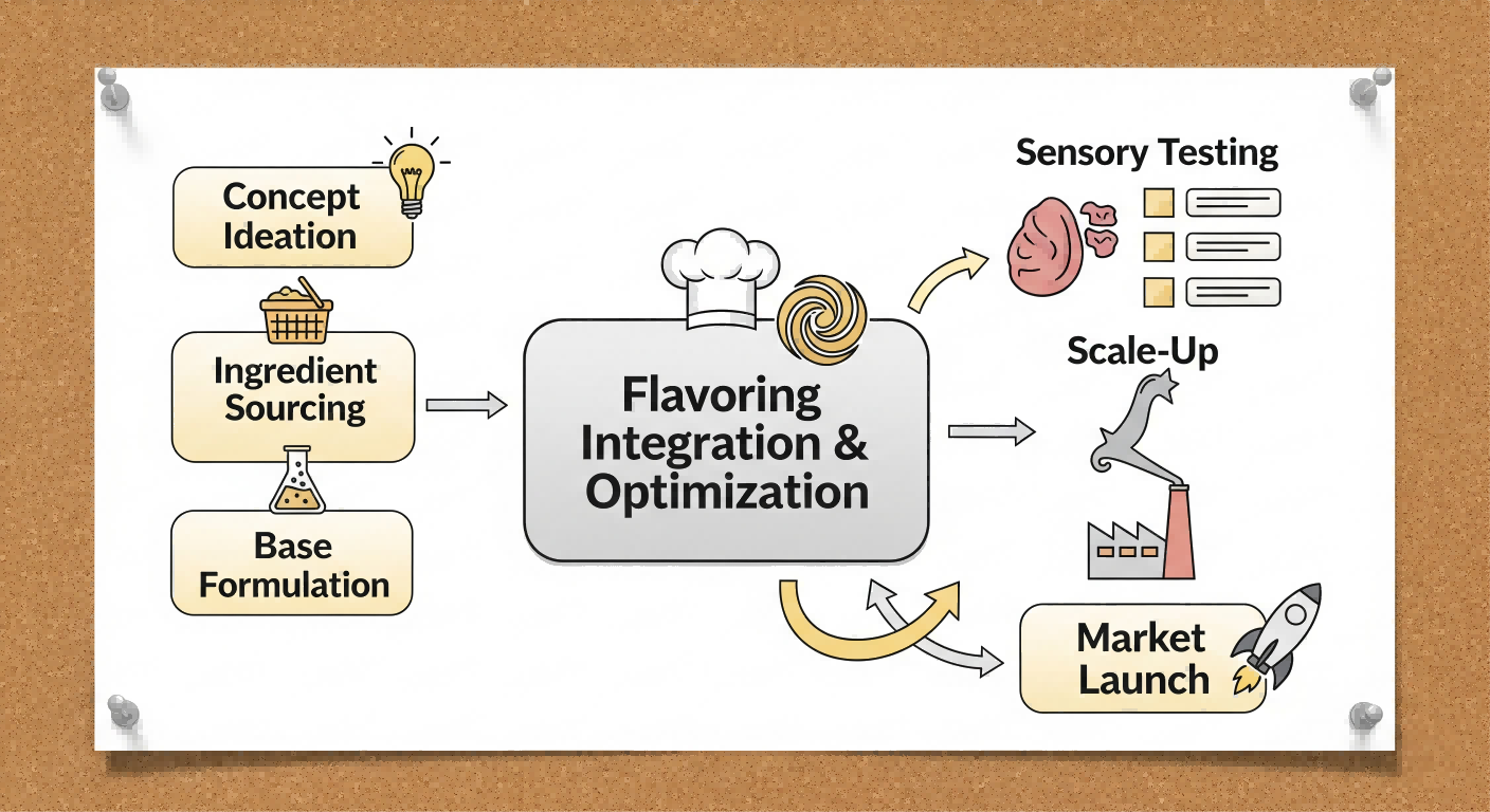 一个流程图，显示了新产品开发的步骤。它以“概念构想”，然后是“成分采购”和“基本配方”开始，然后到达中央盒子以进行“调味式整合和优化”。从那里开始，它转向“感觉测试”，“扩展”和“市场发布”。从“感觉测试”回到“调味整合和优化”以显示迭代过程。