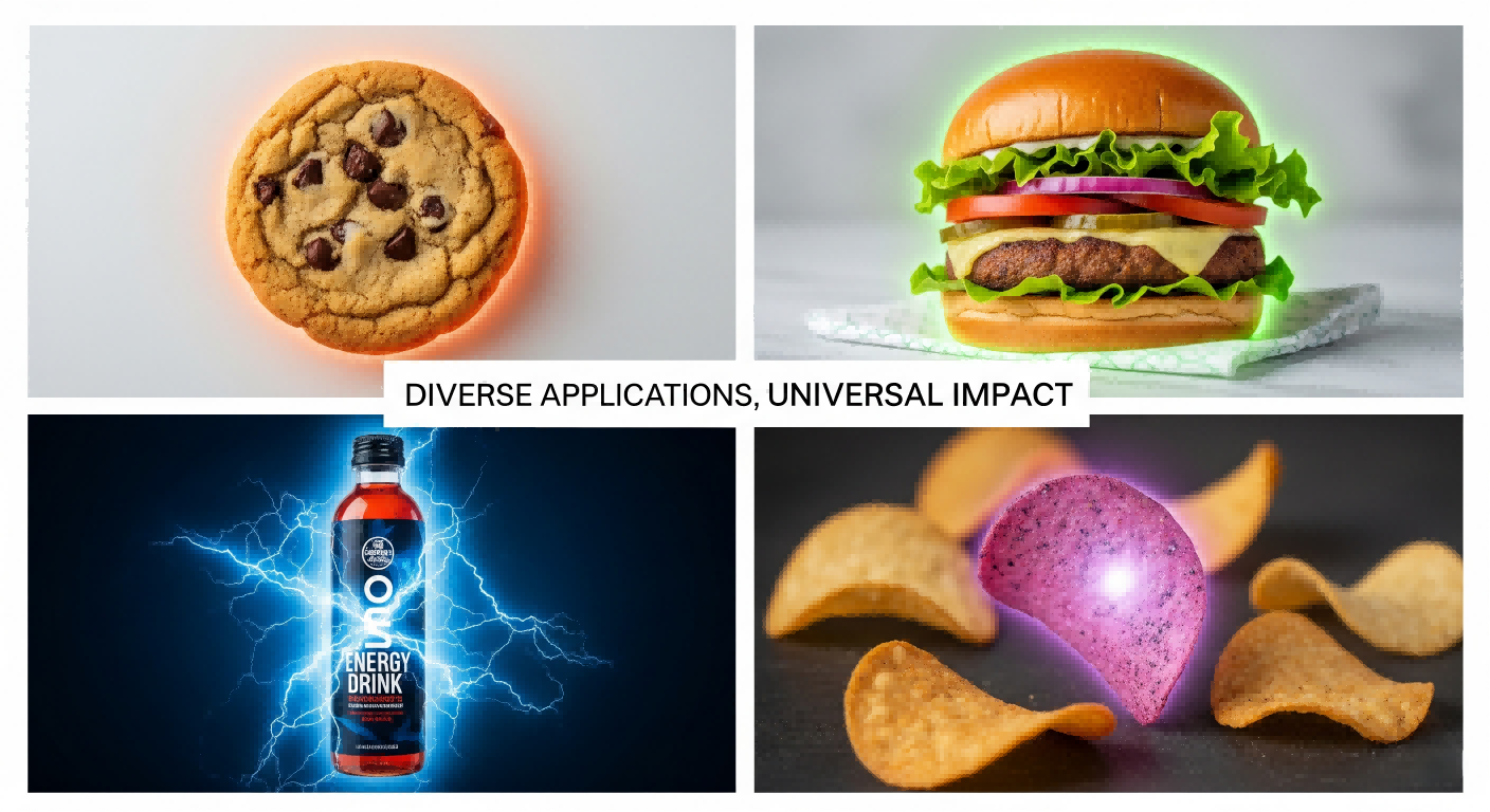 一个四面板网格，显示不同的食品。左上的面板上有一个带有橙色光泽的糖饼干。右上角显示了一个带有绿色光芒的植物汉堡。左下的左侧有一个带有蓝色电动光环的强化能量饮料。右下角有一个带有紫色光泽的美食零食。文本“多样化的应用，普遍影响”是网格的中心。