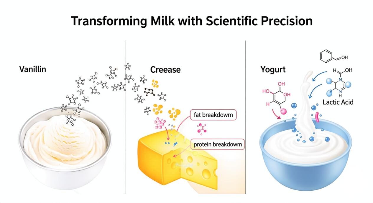 رسم متعدد الأقسام بعنوان "تحويل الحليب بدقة علمية." يعرض القسم الأول ضريبة على الآيس كريم مع انتشار جزيئات الفانيلين. يظهر القسم الثاني مجموعة من الجبن مع انهيار الدهون والبروتين. يوضح القسم الثالث ضريبة الزبادي مع البكتيريا الفقاعية وجزيئات حمض اللبنيك.