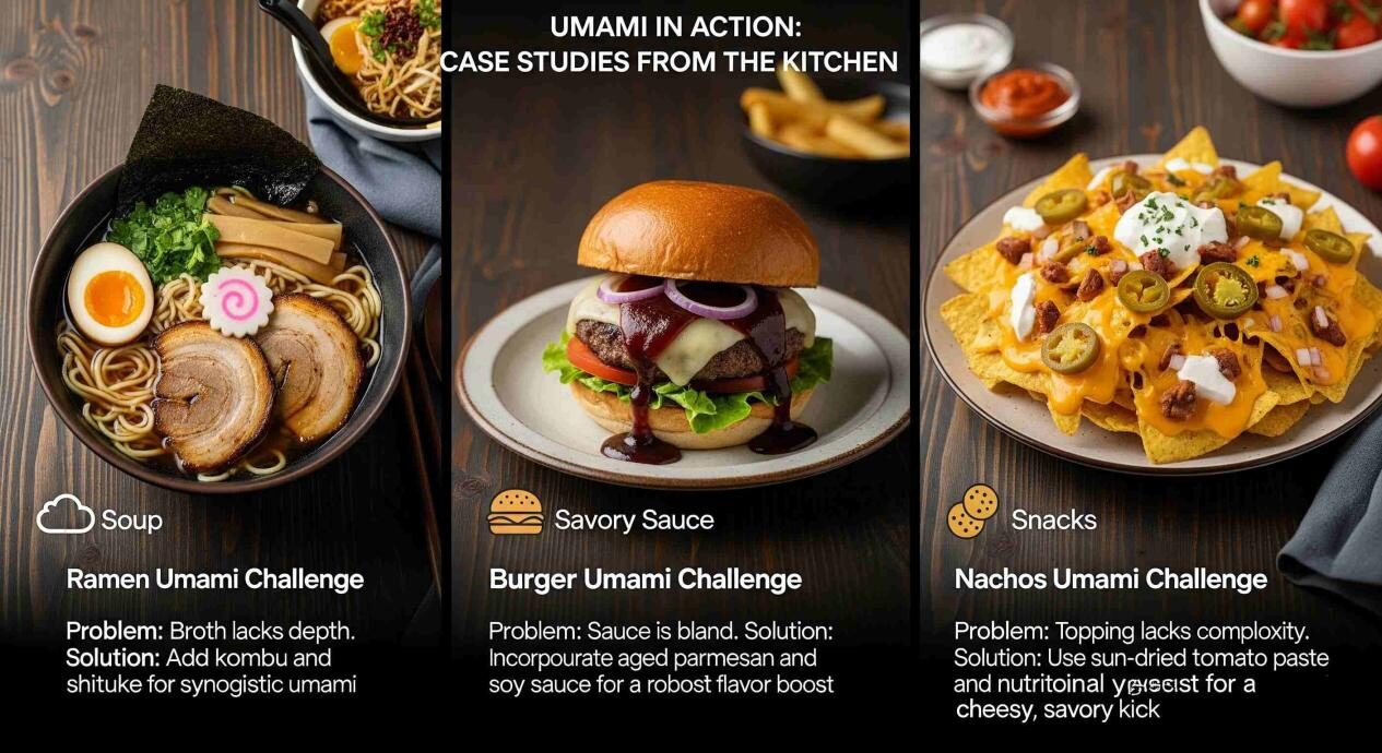 Un visuel convaincant montre trois aliments distincts: un bol de ramen, un hamburger avec une sauce savoureux et une assiette de copeaux nacho. Chaque élément est connecté à une zone de texte qui explique un défi et une solution Umami. Le titre est "Umami en action: études de cas de la cuisine".