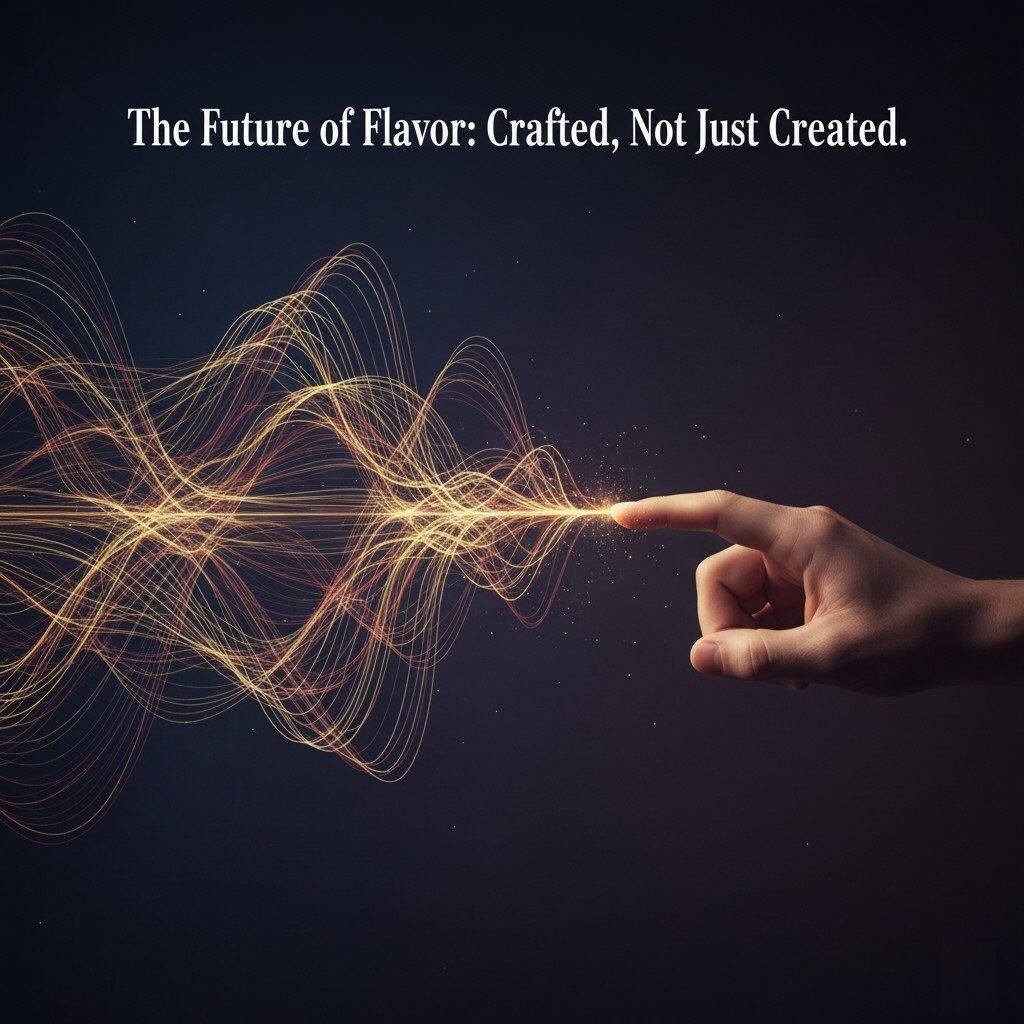 Une illustration abstraite intitulée "L'avenir de la saveur: fabriqué, pas seulement créé". Sur le côté droit de l'image, une main humaine étend un index vers la gauche. De