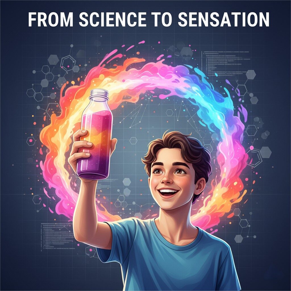 Стилизованная иллюстрация под названием «От науки до ощущения». Веселый человек с короткими коричневыми волосами и синей футболкой с радостью держит прозрачную бутылку смузи, наполненную ярким, градиентным напитком (фиолетовый, оранжевый, розовый). Большая, красочная аура, как кольцо из кружащейся краски в радужных оттенках, излучается из бутылки, символизируя положительный вкус вкуса. На заднем плане существует тонкая темно -синяя сетка, наложенная на слабые взаимосвязанные молекулярные структуры и абстрактные точки данных, представляющая научную основу восхитительного продукта.