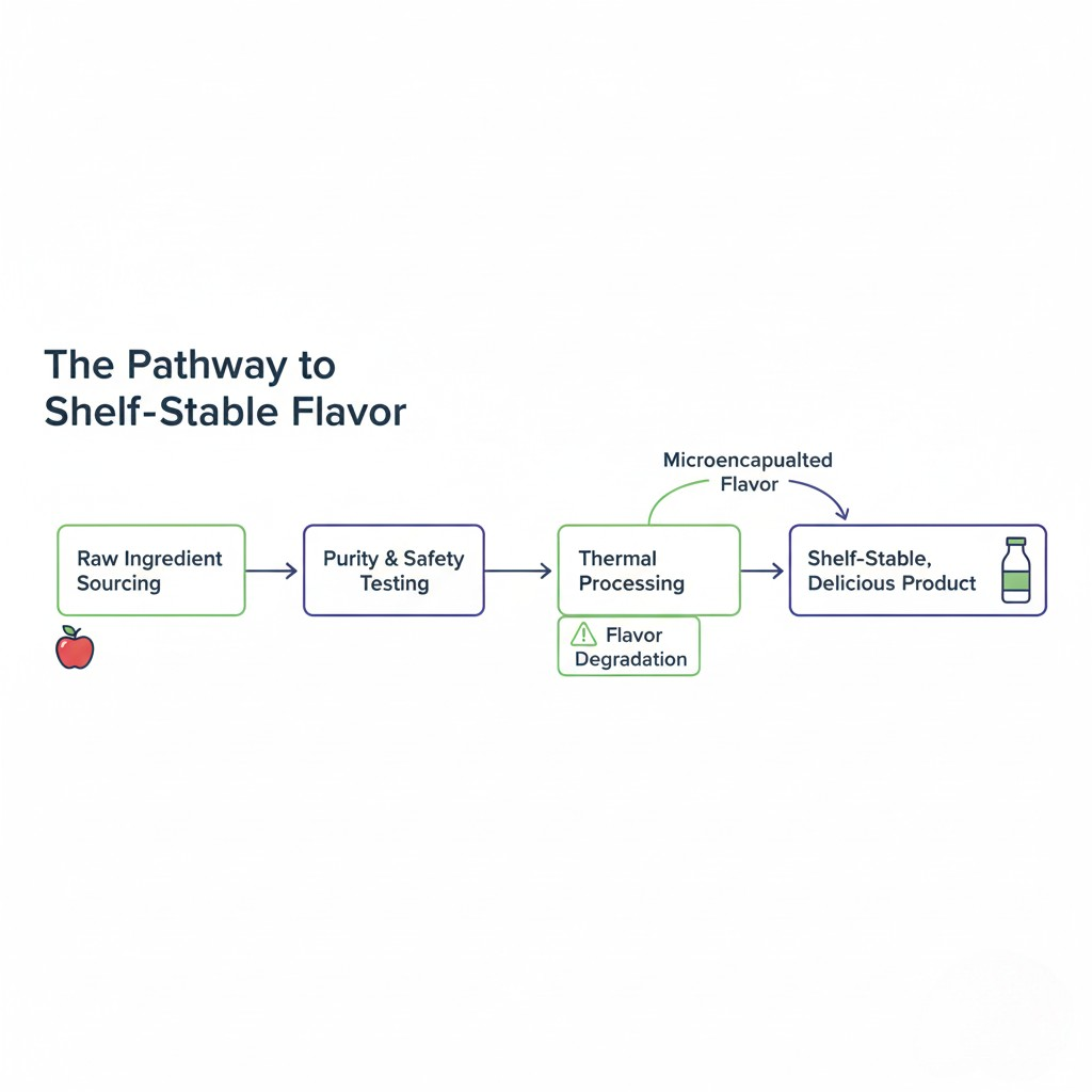 Un diagrama de flujo simple pero detallado titulado "El camino hacia el sabor estable". Comienza con "abastecimiento de ingredientes crudos" representado por una manzana de dibujos animados. Una flecha apunta a "pruebas de pureza y seguridad", seguida de otra flecha para "procesamiento térmico". Adyacente al "procesamiento térmico", una caja indica "degradación del sabor". Una línea paralela ilustra el "sabor microencapsulado" que ingresa al proceso después de la esterilización. La flecha final conduce a un "producto delicioso" estable y estable ".
