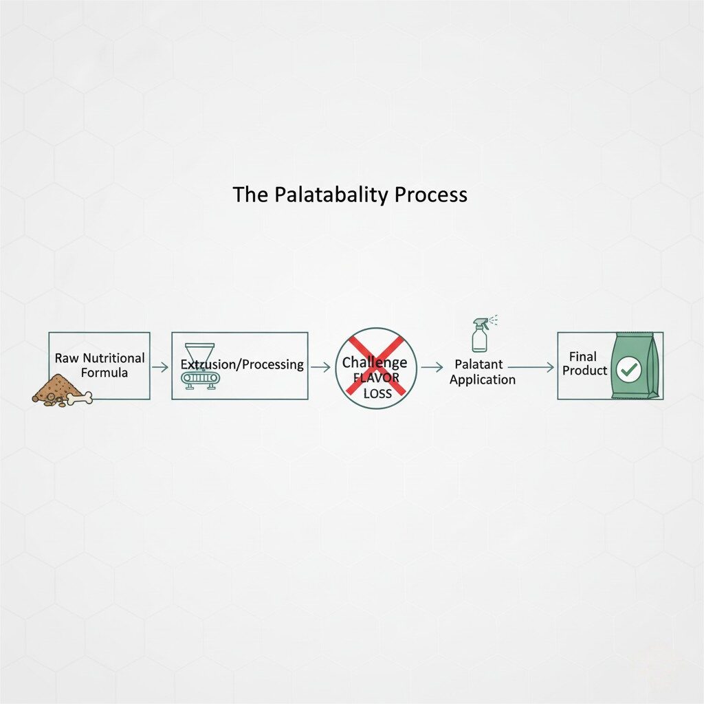 一个简单，优雅的流程图，标题为“可口过程”。它始于“原始营养配方”，以一堆成分表示。箭头导致“挤出/处理”，被描述为风格化的机器。接下来是指向带有杂种图标的“挑战”框的箭头，说明了“风味丧失”。平行线显示了以喷雾瓶图标为代表的“ Palatant应用程序”，进入该过程。最后一个箭头导致了一个“最终产品”图标，这是一袋带有复选标记的宠物食品，表示成功的结果。