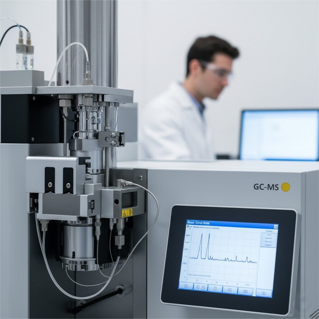 现代高科技分析机器的特写镜头,可能是GC-MS或HPLC系统,主导着前景。科学仪器的复杂组件,管道和数字界面是敏锐的重点,展示了其复杂性和精度。在柔软的,模糊的背景中,一位穿着白色外套的实验室技术人员可见,表明人类的监督和科学过程中的专业知识。照明既明亮又专业,可以增强无菌和先进的实验室环境。