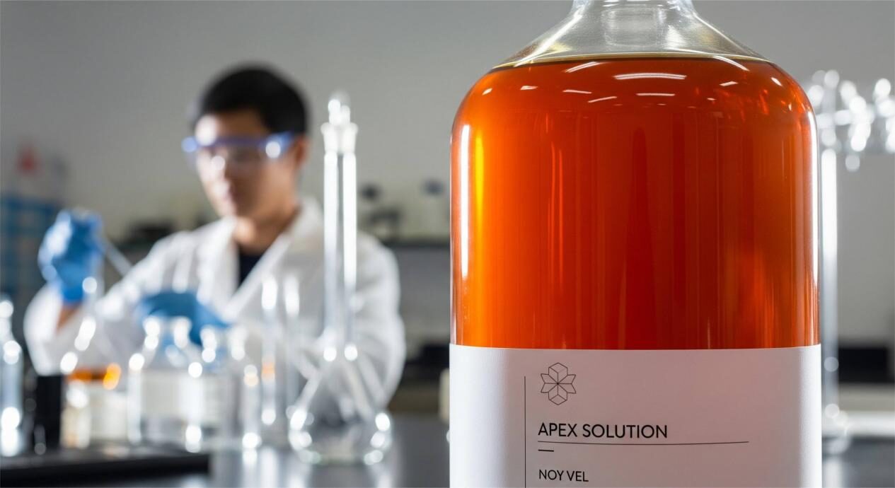 Une photographie rapprochée d'un produit parfaitement mélangé et à l'échelle dans une bouteille. Le liquide à l'intérieur est une couleur ambre riche sans séparation. En arrière-plan, un scientifique est subtilement décalé, travaillant sur un banc de laboratoire. L'image est magnifiquement éclairée, confirmant la rigueur scientifique et l'excellence.