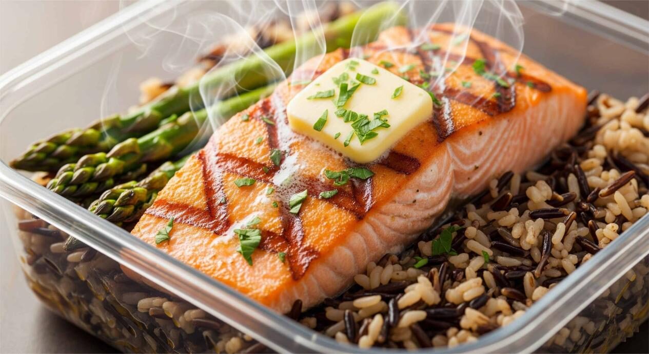 Крупный план, высококачественный и красиво освещенная фотография единой, идеально приготовленной готовой еды в контейнере. Еда на пару, цвета ярки, а текстуры привлекательны, создавая реалистичный и соблазнительный визуальный вид.