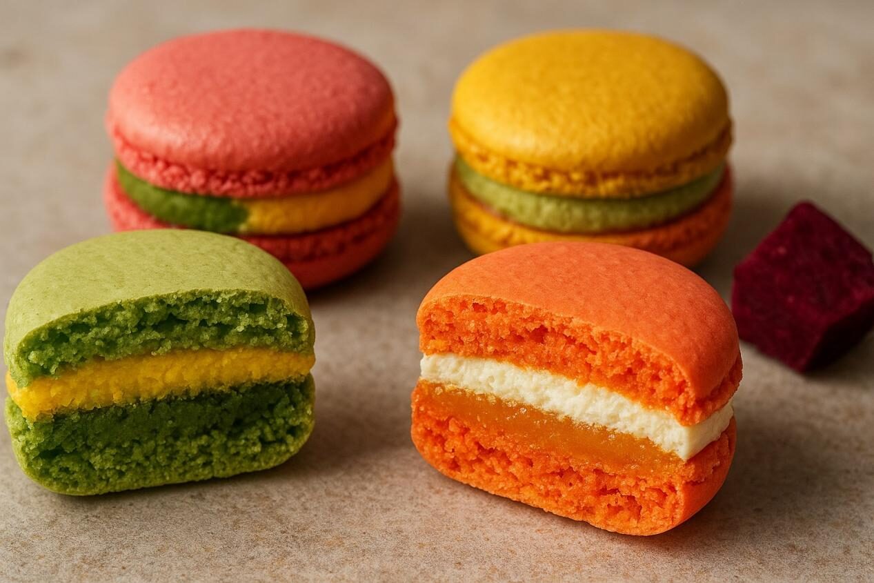 عن قرب من المعكرونات النابضة بالحياة مع مجموعات نكهة فريدة من نوعها ، إلى النصف للكشف عن حشوات ملونة ، مقدمة على سطح محايد مع إضاءة ناعمة لإلقاء نظرة حديثة وجذابة.