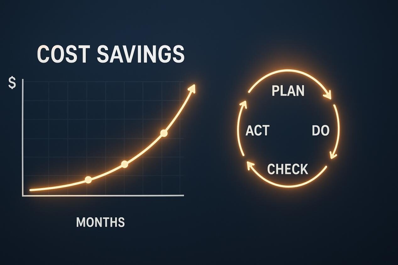 رسم بياني لتوفير التكلفة الصعودية المتوهجة مقترنة مع رسم تخطيطي لدورة PDCA (Plan-Do-Check-ACT) ، يرمز إلى العمليات المحسنة والتحسين المستمر في التصنيع.