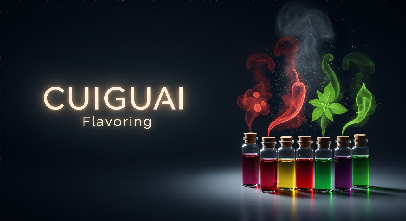 صورة احترافية ومبتكرة تعرض شعار "Cuiguai Flavoring" إلى جانب تمثيل فني لمجموعة النكهة الخاصة بهم ، مع تأثير واقعية لإطلاق النار.