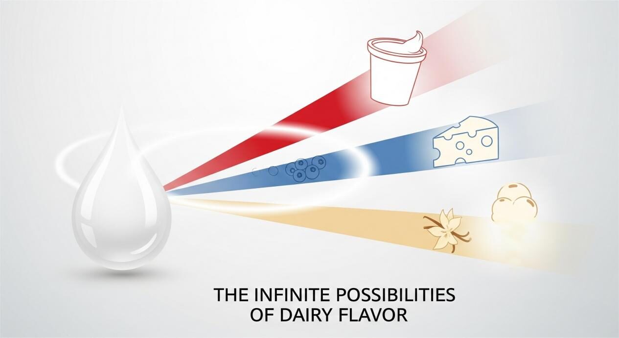 رسم تجريدي مع أيقونة إسقاط الحليب المركزي. الأشعة الملونة التي تمثل النكهات مثل الفراولة ، التوت ، والفانيليا تطلق النار ، تمر عبر مرشح وهبوط على أيقونات كأس الزبادي ، إسفين الجبن ، ومخروط الآيس كريم. الرسالة هي "الاحتمالات اللانهائية لنكهة الألبان."